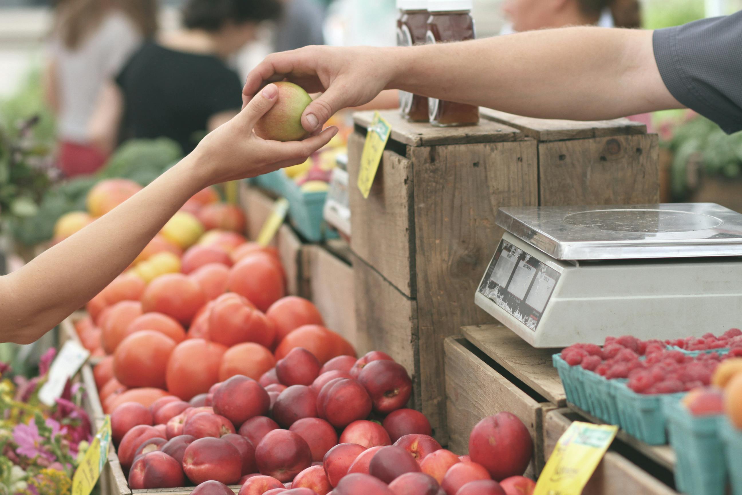A family shopping in the fruit and vegetable aisle