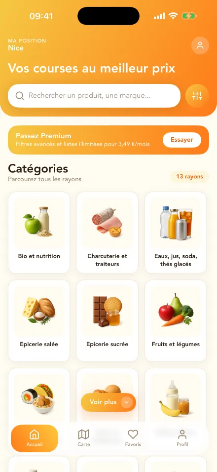 FoodChoice app home screen in Nice: "Vos courses au meilleur prix", product search and aisles by category