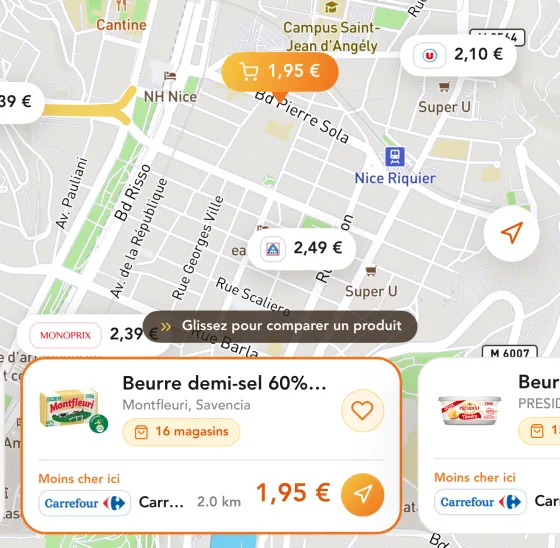 Map of Nice in the app: the price of butter shown on each store, with the cheapest, €1.95 at Carrefour, 2 km away