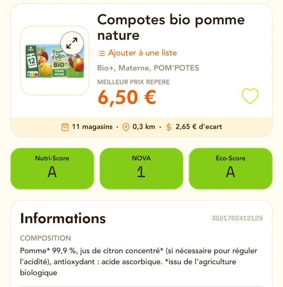 Product sheet for Pom'Potes organic plain apple purée: the best price found, €6.50, across 11 stores with a €2.65 gap, then Nutri-Score A, NOVA 1, Eco-Score A and the ingredient list