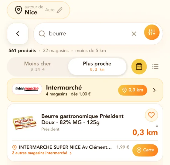 Searching for butter in the app around Nice: 561 products in 32 stores within 5 km, sortable by cheapest or nearest